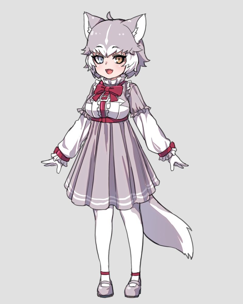 1girl adapted_costume animal_ears blue_eyes bow bowtie center_frills collar commentary_request dog_(mixed_breed)_(kemono_friends) dog_ears dog_tail dress eyebrows_visible_through_hair fang frilled_collar frilled_sleeves frills full_body grey_dress grey_footwear grey_hair harness heterochromia kemono_friends long_sleeves mary_janes multicolored_hair nyifu open_mouth outstretched_arms pantyhose pleated_dress red_neckwear shoes short_hair solo tail two-tone_hair white_hair white_legwear white_sleeves yellow_eyes