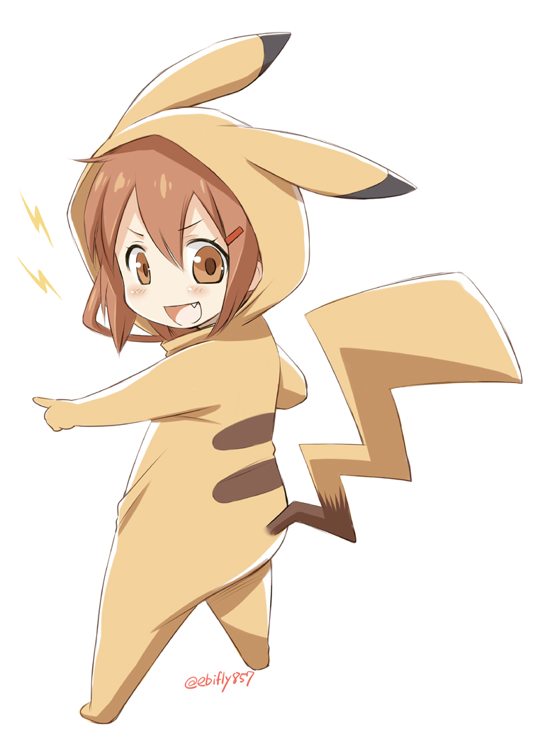 1girl :d blush brown_eyes brown_hair child cosplay ebifly eyebrows_visible_through_hair fang from_behind full_body hair_between_eyes hair_ornament hairclip hood_up ikazuchi_(kantai_collection) kantai_collection looking_at_viewer looking_back open_mouth pikachu pikachu_(cosplay) pokemon simple_background smile solo standing twitter_username white_background