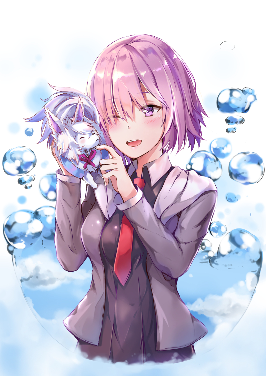 1girl :d black_dress blush dress fate/grand_order fate_(series) fou_(fate/grand_order) hair_over_one_eye highres jacket konka mash_kyrielight necktie one_eye_closed open_mouth purple_hair red_neckwear short_hair smile upper_body violet_eyes water water_drop