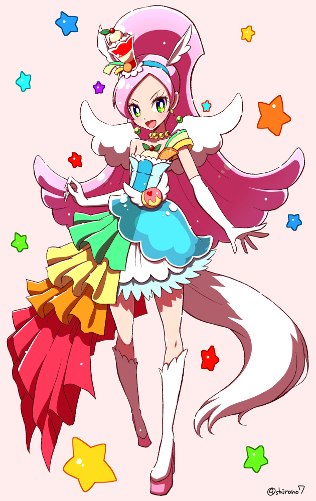 1girl asymmetrical_clothes bare_shoulders commentary_request cure_parfait eyelashes gradient_dress hairband half_updo happy kirahoshi_ciel kirakira_precure_a_la_mode long_hair looking_at_viewer magical_girl open_mouth pink_hair precure shirono smile solo standing tagme