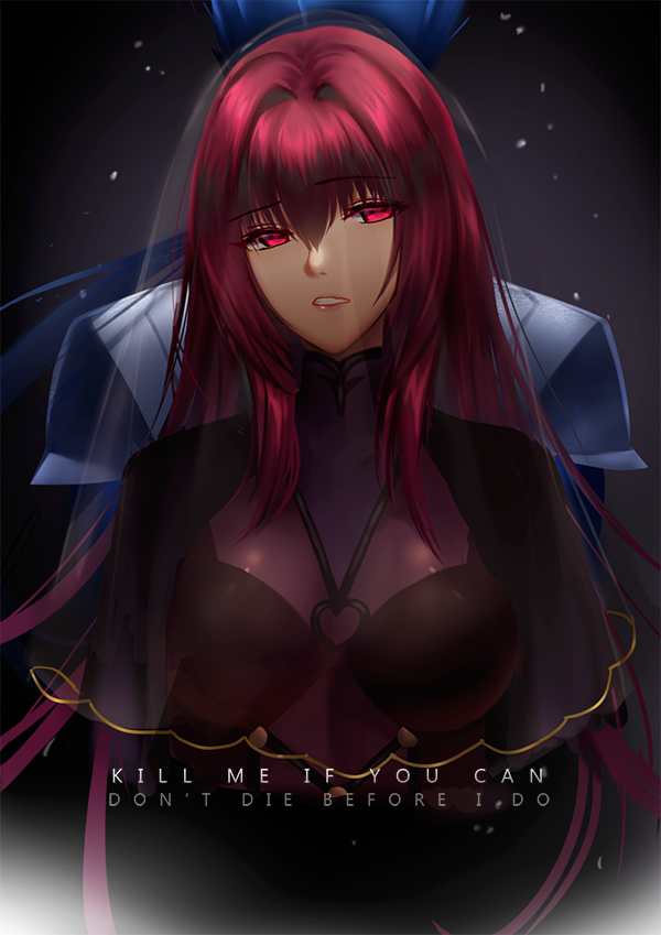 1boy 1girl back-to-back bangs blue_bodysuit blue_hair bodysuit breasts eyebrows_visible_through_hair fate/grand_order fate/stay_night fate_(series) hair_intakes lancer large_breasts long_hair looking_to_the_side mallizmora parted_lips ponytail purple_bodysuit purple_hair red_eyes scathach_(fate/grand_order) veil