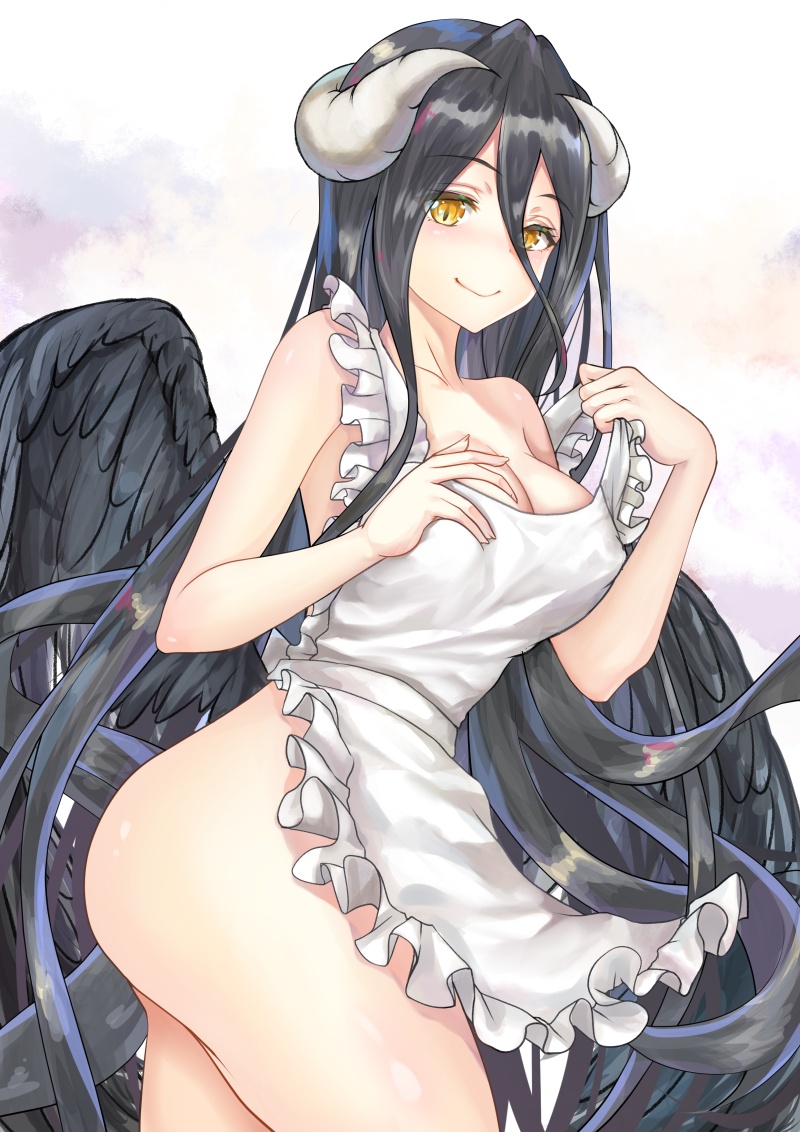 1girl albedo apron apron_pull black_hair black_wings blush breasts clara_v cleavage demon_girl demon_horns frilled_apron frills horns long_hair looking_at_viewer low_wings naked_apron overlord_(maruyama) simple_background smile solo very_long_hair wings yellow_eyes