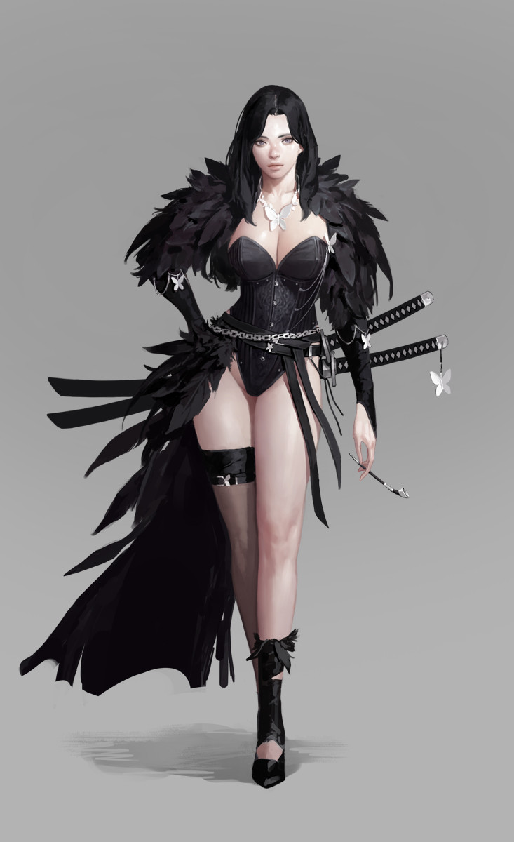 1girl black_feathers black_hair breasts butterfly cleavage concept_art contrapposto crossed_ankles dongho_kang facing_viewer feather_trim forehead hand_on_hip highres jewelry katana large_breasts leotard lips long_legs looking_at_viewer multiple_swords necklace nose original pipe realistic sheath sheathed solo standing strapless strapless_leotard sword sword_behind_back weapon