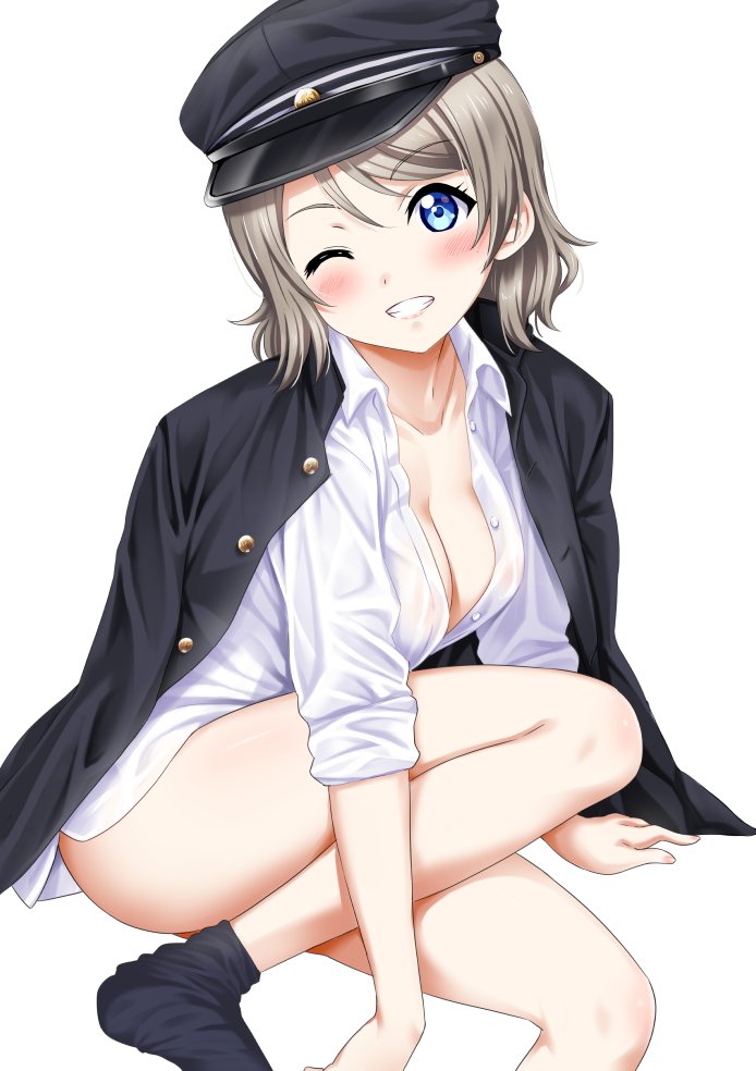 1girl ankle_socks blue_eyes blush bottomless breasts brown_hair cleavage commentary_request eyebrows_visible_through_hair hat jacket long_sleeves looking_at_viewer love_live! love_live!_sunshine!! medium_breasts no_bra one_eye_closed rozen5 school_uniform shirt short_hair simple_background sitting smile socks solo watanabe_you white_background white_shirt