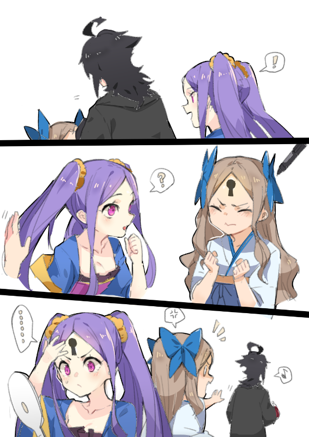 ! ... 0_0 1boy 2girls ? ahoge anger_vein arm_up asakaze_(kantai_collection) black_hair blue_bow blue_kimono blush bow breasts brown_hair character_request cleavage clenched_hands collarbone comic crossover facepaint fate/grand_order fate_(series) hair_bow hair_ornament hair_scrunchie hand_mirror hand_on_forehead japanese_clothes kantai_collection kimono long_hair looking_at_mirror marker mirror motion_lines multiple_girls musical_note outstretched_arm pink_eyes profile purple_hair quaver scrunchie sidelocks small_breasts speech_bubble spoken_anger_vein spoken_ellipsis spoken_exclamation_mark spoken_musical_note spoken_question_mark sweat tareme turn_pale twintails v-shaped_eyebrows wavy_hair white_background wu_zetian_(fate/grand_order) wulazula