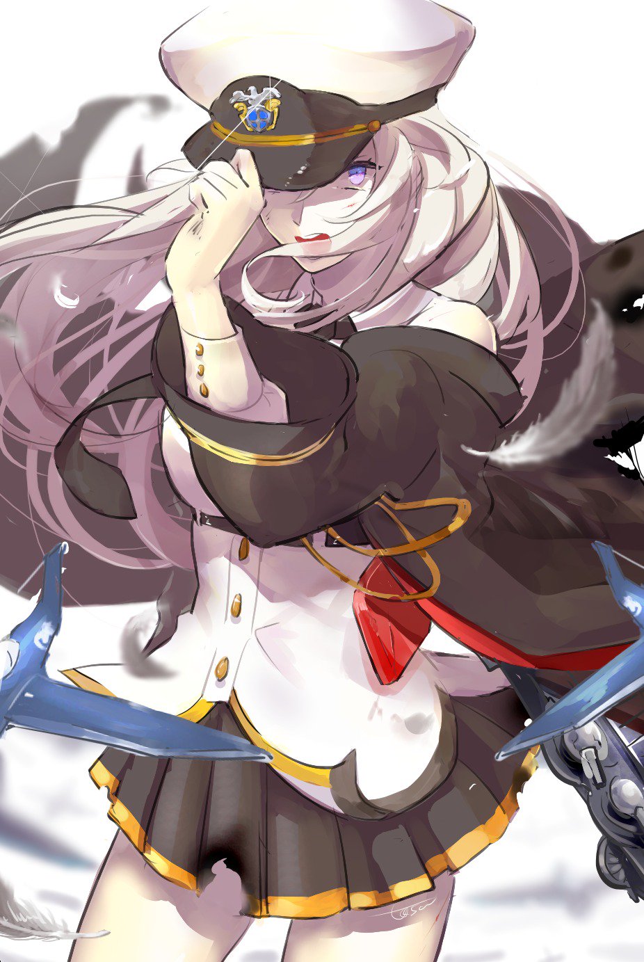 1girl aircraft azur_lane bare_shoulders black_neckwear black_skirt burnt_clothes coat collared_shirt commentary_request cowboy_shot enterprise_(azur_lane) feathers floating_hair hand_on_headwear hat highres long_hair looking_at_viewer miniskirt necktie off_shoulder open_clothes open_coat open_mouth peaked_cap pleated_skirt shirt silver_hair skirt solo torn_clothes torn_coat tosatsuru underbust violet_eyes white_shirt