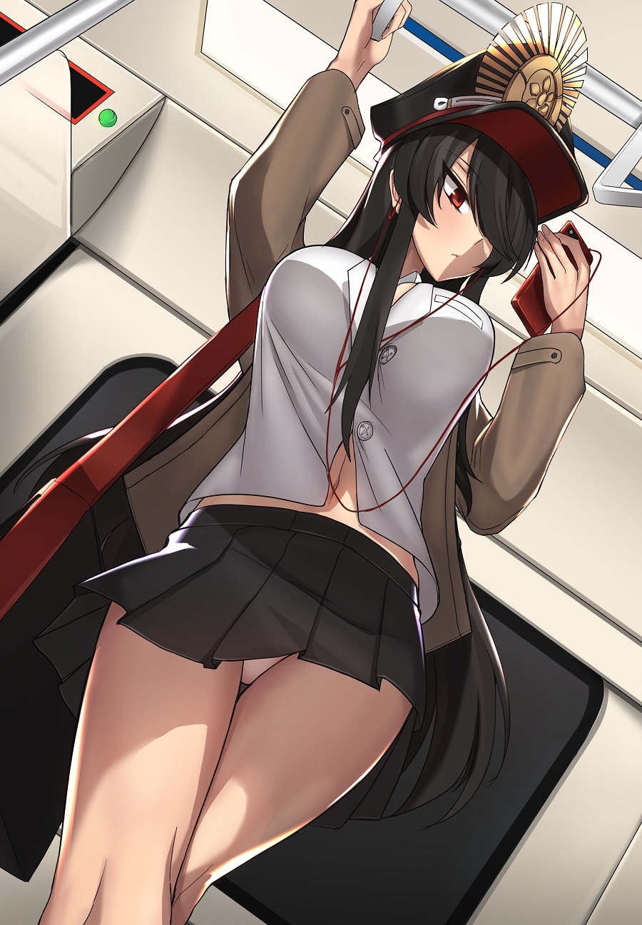 1girl alternate_costume arm_up bag black_hair black_hat black_skirt blush breasts brown_jacket buttons cellphone closed_mouth demon_archer earphones expressionless fate_(series) foreshortening from_below hair_over_one_eye hat highres holding holding_phone jacket k_jin koha-ace large_breasts long_hair long_sleeves looking_at_phone navel open_clothes open_jacket panties pantyshot pantyshot_(standing) peaked_cap phone pleated_skirt red_eyes shoulder_bag skirt smartphone solo standing thigh_gap thighs train_interior tsurime underwear upskirt very_long_hair white_panties