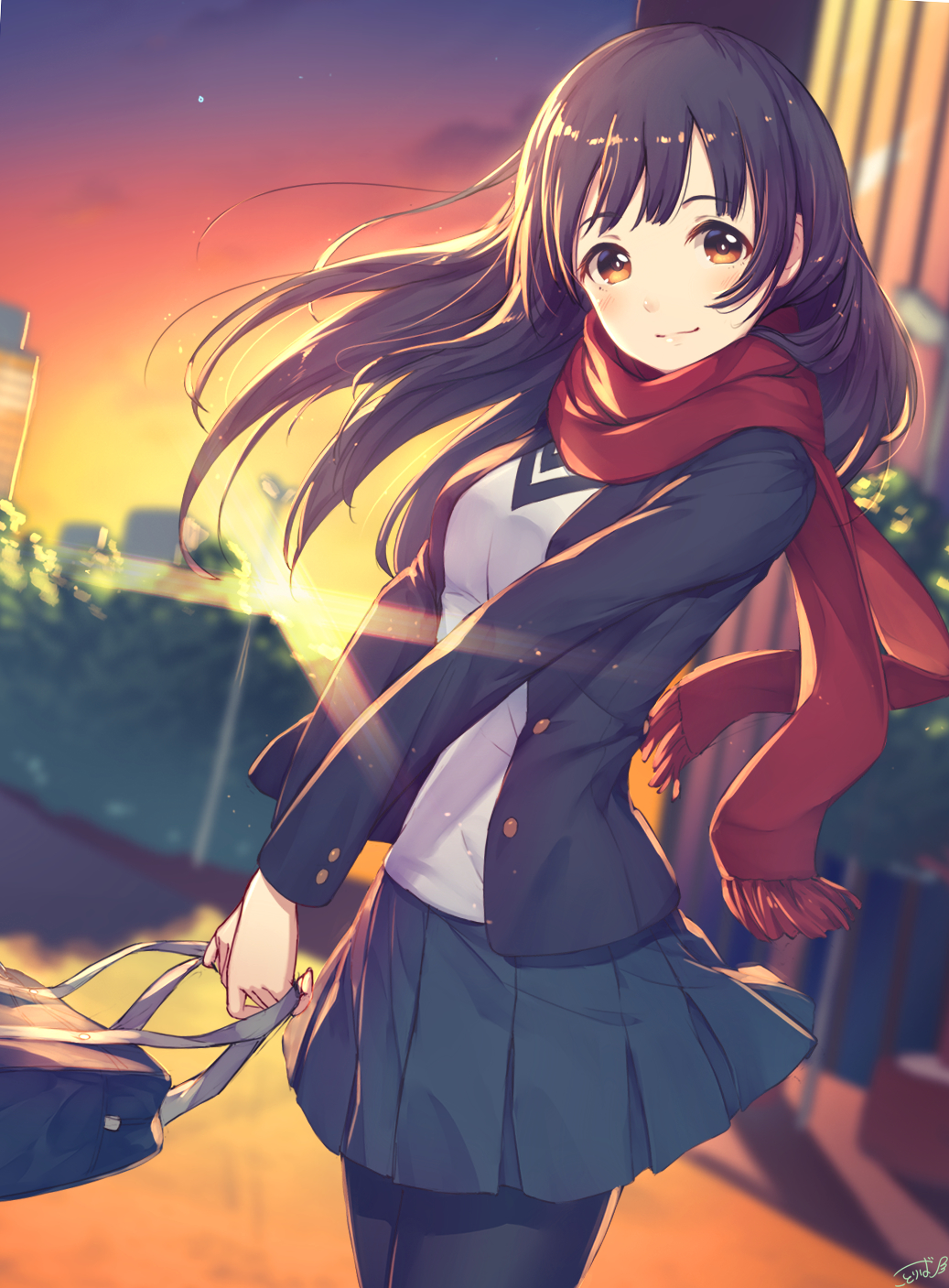 1girl bag bangs black_legwear blue_jacket blue_skirt blunt_bangs blurry blurry_background blush closed_mouth depth_of_field eyebrows_visible_through_hair highres holding_bag jacket kotoribako lamppost long_hair long_sleeves orange_eyes original outdoors pantyhose pleated_skirt purple_hair red_scarf scarf school_bag shirt skirt smile solo standing sunlight sunset white_shirt