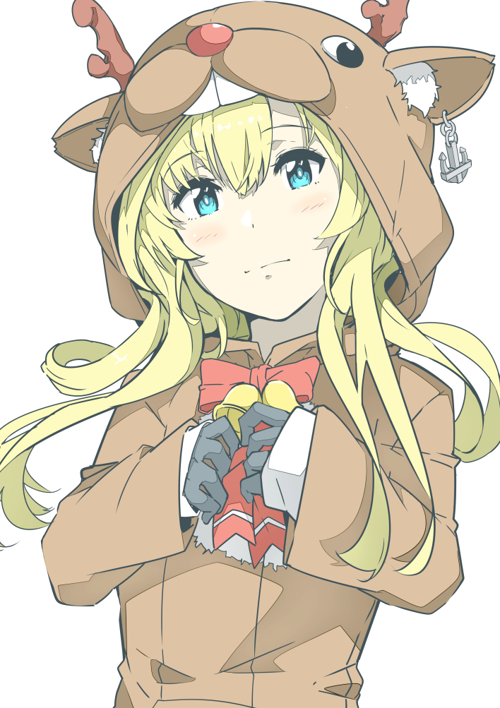 1girl abukuma_(kantai_collection) anchor animal_costume bangs bell black_gloves blonde_hair blue_eyes blush bow bowtie closed_mouth eyebrows_visible_through_hair gloves hair_between_eyes kantai_collection long_hair long_sleeves looking_at_viewer ninimo_nimo red_bow red_neckwear reindeer_costume simple_background sleeves_past_wrists solo tareme upper_body white_background