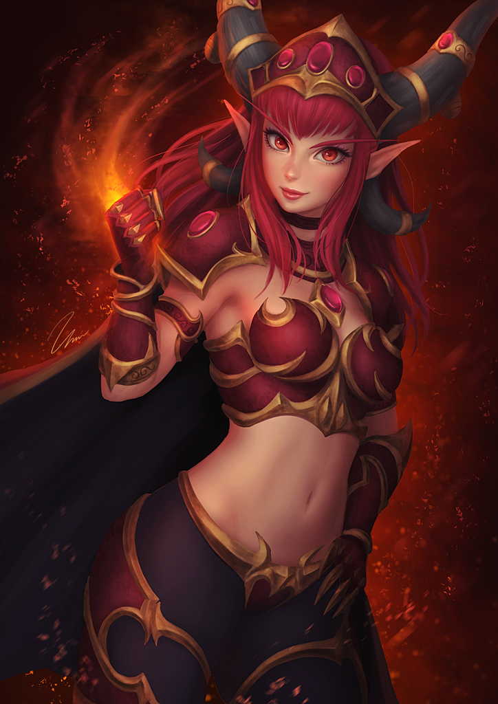 1girl alexstrasza breasts hand_on_hip heroes_of_the_storm horns lips long_hair looking_at_viewer midriff navel personification pointy_ears red_eyes redhead solo umigraphics warcraft world_of_warcraft