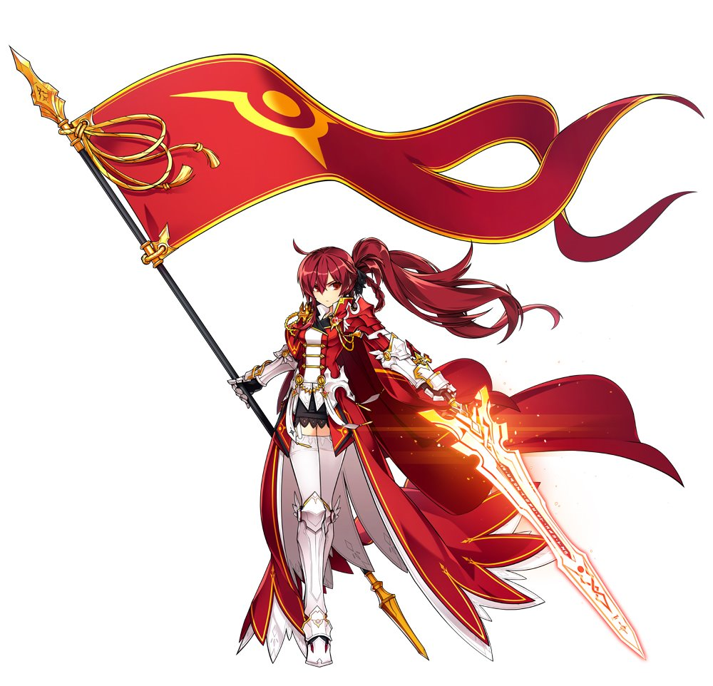 1girl armor artist_request black_skirt boots braid cape coat elesis_(elsword) elsword empire_sword_(elsword) flag full_body holding holding_sword holding_weapon knee_boots long_hair looking_at_viewer metal_boots official_art ponytail red red_cape red_coat red_eyes redhead serious simple_background skirt solo standing sword thigh-highs thigh_strap uniform weapon white_background white_legwear