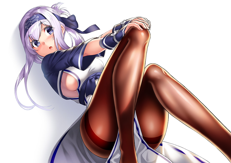 1girl ainu_clothes alternate_legwear bandanna blue_eyes breasts brown_legwear cropped_jacket dress folded_ponytail fundoshi headband japanese_clothes kamoi_(kantai_collection) kantai_collection kyon_(fuuran) large_breasts long_sleeves lying pantyhose pelvic_curtain sideboob sleeveless sleeveless_dress solo thighband_pantyhose white_dress white_hair wrist_guards