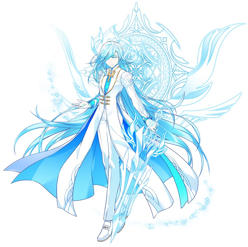 1boy ainchase_ishmael artist_request blue blue_eyes blue_hair blue_neckwear elsword expressionless full_body holding holding_sword holding_weapon long_hair looking_at_viewer magic_circle male_focus necktie official_art pants richter_(elsword) shoes simple_background solo sword weapon white_background white_coat white_footwear white_pants white_skin