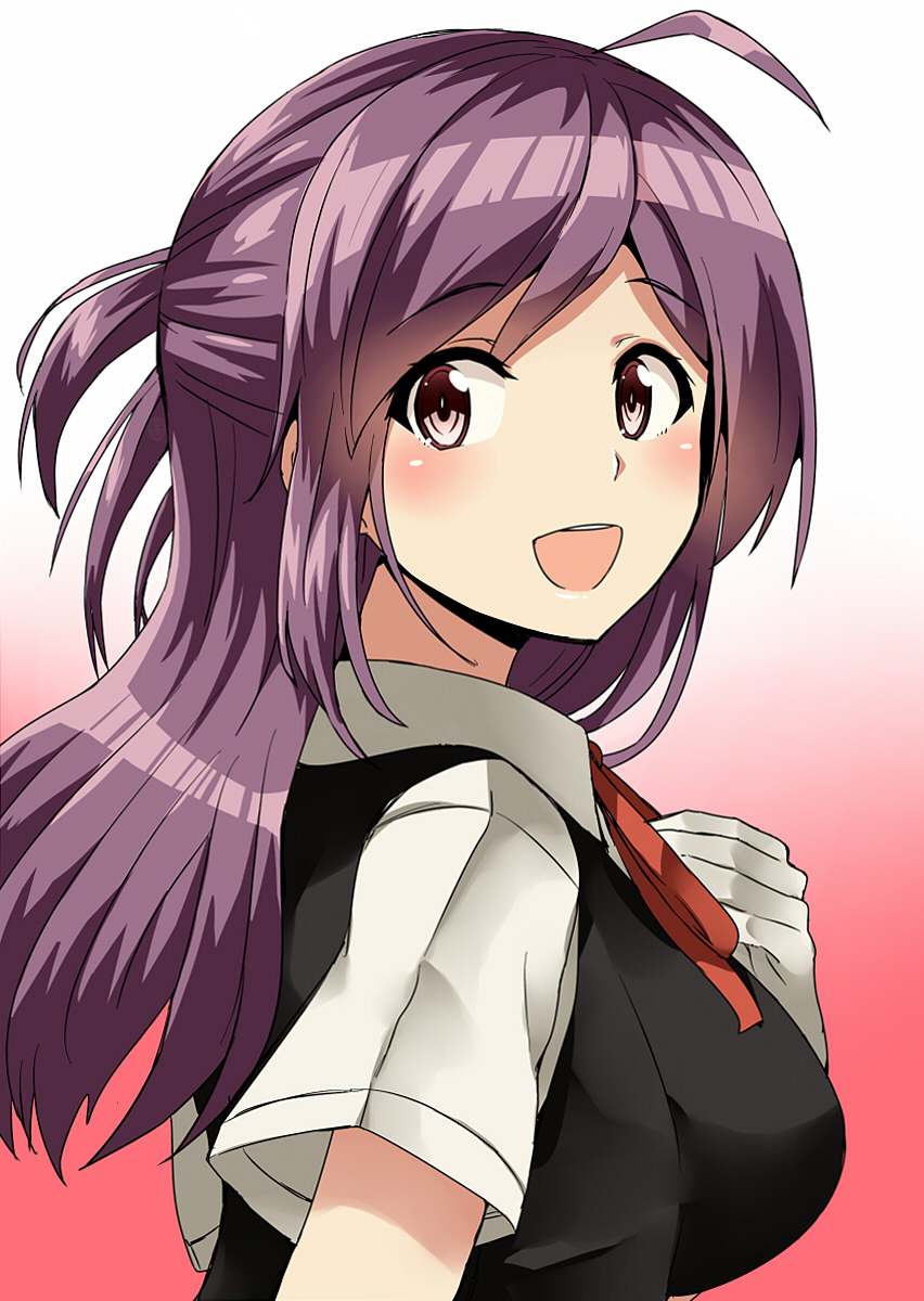 1girl :d ahoge bangs black_vest blush breasts brown_eyes eyebrows_visible_through_hair from_side gloves gradient gradient_background hagikaze_(kantai_collection) hand_on_own_chest highres kamelie kantai_collection large_breasts long_hair looking_at_viewer looking_to_the_side neck_ribbon necktie one_side_up open_mouth parted_bangs purple_hair red_background red_neckwear red_ribbon ribbon shirt short_sleeves smile solo tareme vest white_background white_gloves white_shirt