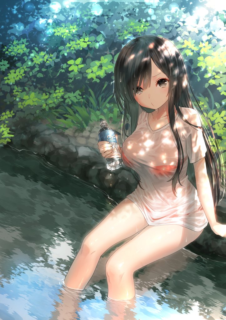 1girl arm_at_side bangs bare_legs bikini black_eyes black_hair bottle breasts closed_mouth dappled_sunlight day eyebrows_visible_through_hair grass hair_over_one_eye holding holding_bottle large_breasts lens_flare long_hair looking_at_viewer nature no_pants original outdoors partially_submerged pout red_bikini reflection river see-through shadow shirt short_sleeves signature sitting soaking_feet solo sunlight swimsuit t-shirt tree water water_bottle wet wet_clothes wet_shirt white_shirt yasuyuki