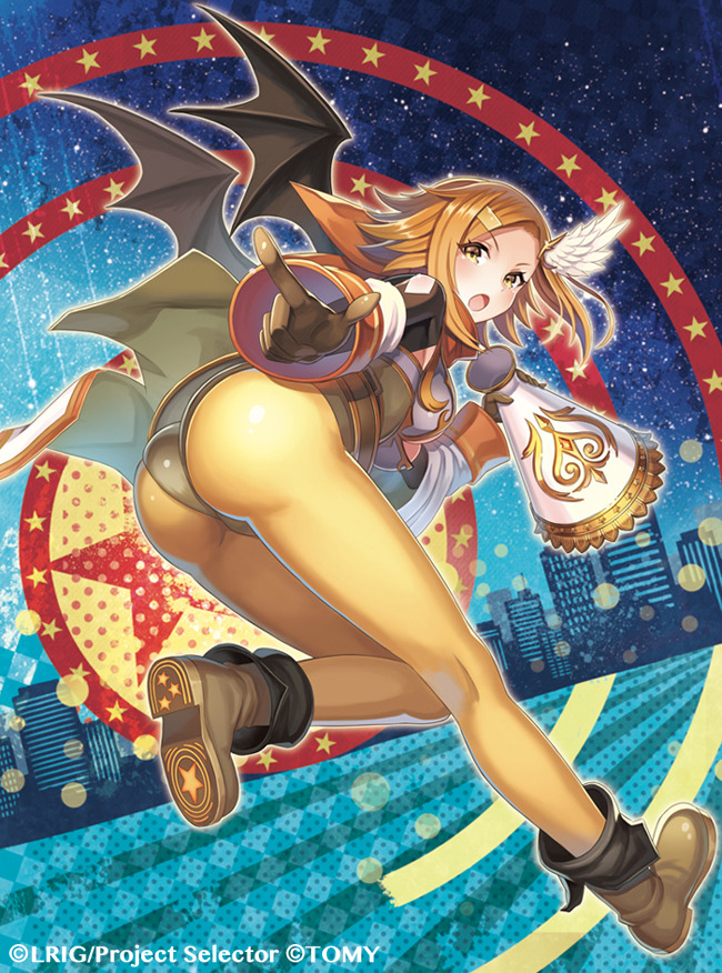 1girl ass bat_wings bent_over bodysuit boots breasts brown_eyes brown_gloves brown_hair commentary_request dona_(wixoss) dutch_angle from_behind gloves hair_ornament horn looking_at_viewer looking_back lostorage_wixoss madopen medium_breasts official_art open_mouth pointing pointing_at_viewer shiny shiny_clothes shiny_hair short_hair sidelocks solo watermark wings wixoss yellow_bodysuit