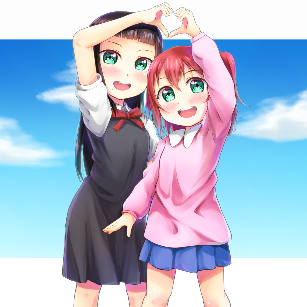 2girls :d arm_up b.ren bangs black_dress blue_skirt blunt_bangs blush bow brown_hair child clouds collared_shirt dress eyebrows_visible_through_hair green_eyes hair_between_eyes head_tilt heart heart_hands heart_hands_duo kurosawa_dia kurosawa_ruby long_hair long_sleeves looking_at_viewer love_live! love_live!_sunshine!! mole mole_under_mouth multiple_girls open_mouth pink_shirt pleated_skirt red_bow redhead school_uniform shirt short_sleeves siblings sisters skirt sky smile standing two_side_up white_shirt wing_collar younger