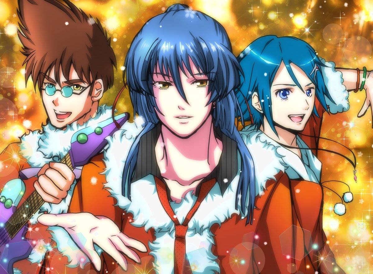 3boys blue_eyes blue_hair bracelet brown_hair glasses guitar hayate_immelmann instrument jewelry macross macross_7 macross_delta macross_frontier multiple_boys necktie nekki_basara reaching_out santa_costume saotome_alto spiky_hair unknown_artist yellow_eyes