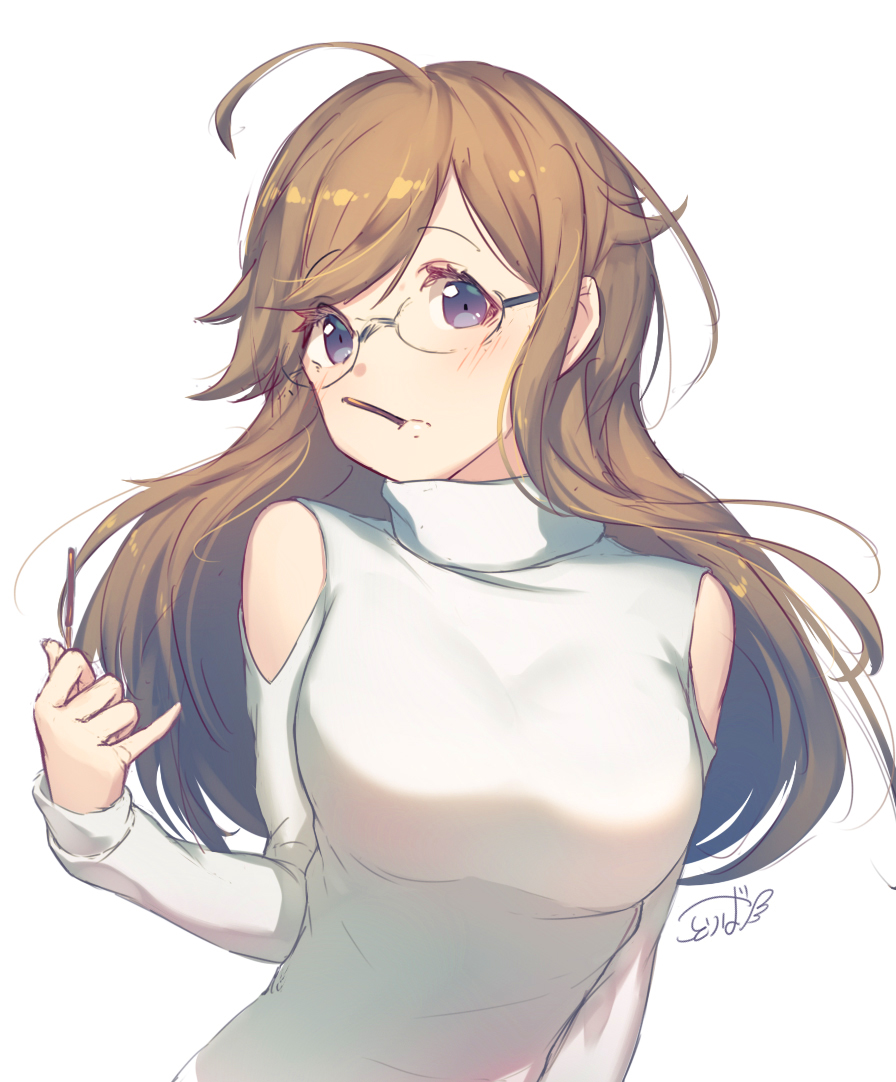 1girl ahoge bare_shoulders blue_eyes blush breasts brown_hair eyebrows_visible_through_hair food glasses kotoribako large_breasts long_hair long_sleeves looking_at_viewer mouth_hold original pocky pocky_kiss shared_food shoulder_cutout signature simple_background sketch solo sweater upper_body white_background white_sweater