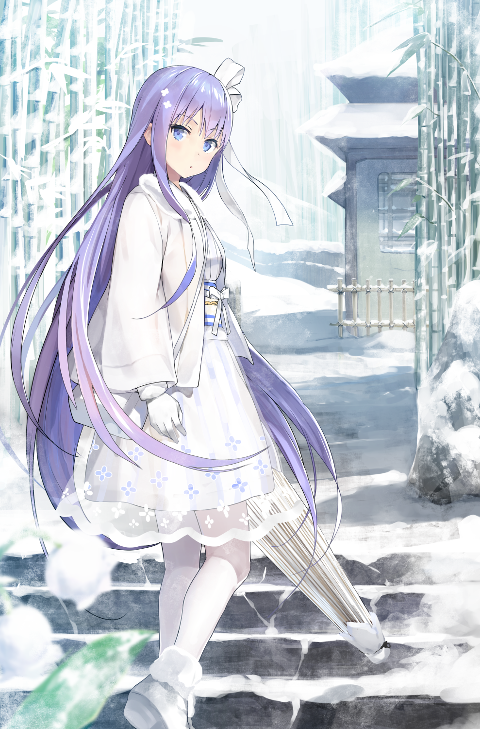 1girl :o alternate_legwear ankle_boots bamboo bangs blush boots building closed_umbrella day dress eyebrows_visible_through_hair fate/extra fate/extra_ccc fate_(series) fence from_behind fur-trimmed_boots fur_trim gloves hair_ribbon highres jacket long_hair long_sleeves looking_at_viewer looking_back meltlilith nanotaro obi open_clothes open_jacket outdoors pantyhose parted_lips purple_hair ribbon rock sash shiny shiny_hair snow solo stairs umbrella very_long_hair white_dress white_gloves white_jacket white_legwear white_ribbon winter
