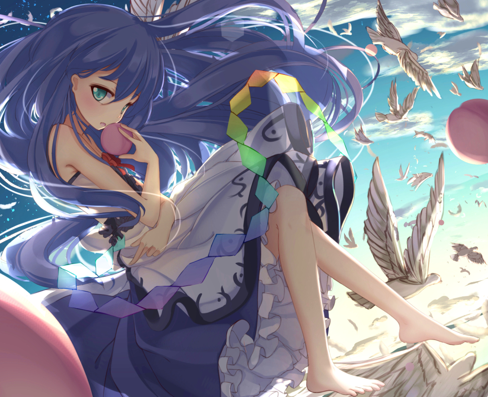 1girl bare_arms bare_legs bare_shoulders barefoot bird blue_skirt blue_sky camisole clouds commentary_request floating floating_hair food fruit full_body hinanawi_tenshi knees_up lens_flare long_hair looking_at_viewer namatyaba no_hat no_headwear peach skirt sky solo touhou very_long_hair
