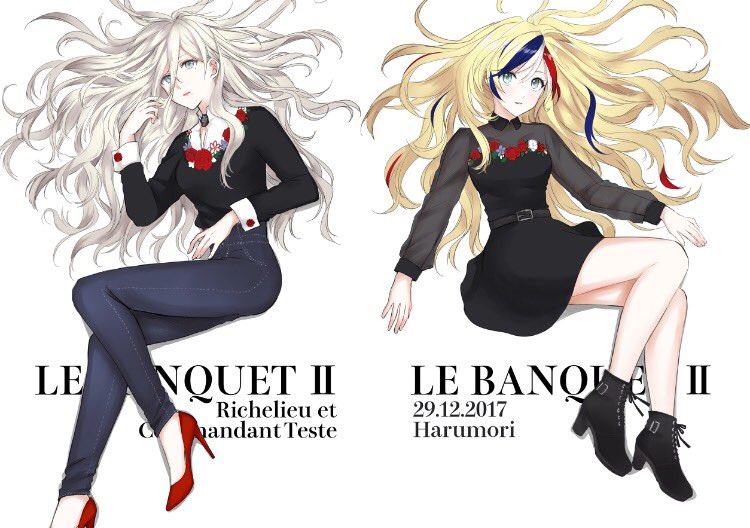 2girls black_dress blonde_hair blouse blue_hair commandant_teste_(kantai_collection) cross-laced_footwear denim dress hair_between_eyes high_heels jeans kantai_collection long_hair mole mole_under_eye morinaga_miki multicolored_hair multiple_girls pants redhead richelieu_(kantai_collection) simple_background streaked_hair white_hair