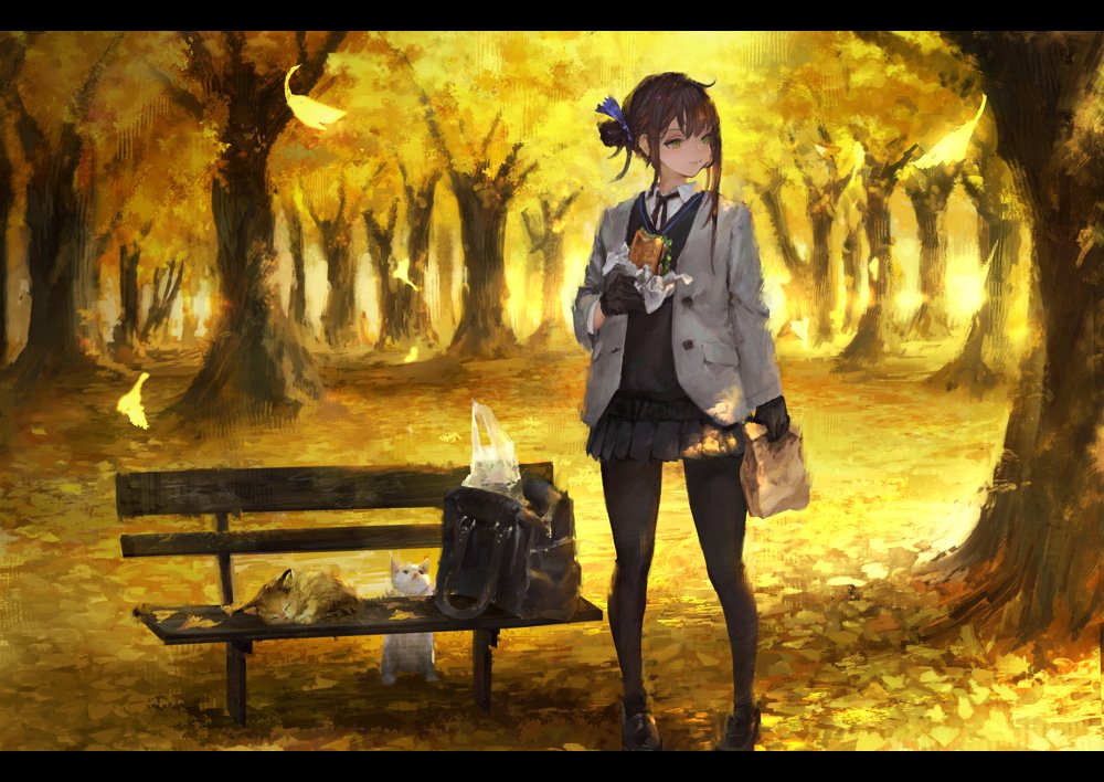 1girl arm_at_side arm_up bag bench black_footwear black_skirt blue_ribbon brown_hair cat chewing collared_shirt commentary_request day eating falling_leaves forest full_body hair_ribbon holding long_hair long_sleeves looking_to_the_side multiple_cats n.a. nature outdoors pleated_skirt ribbon school_uniform shirt skirt solo standing sunlight tree wing_collar