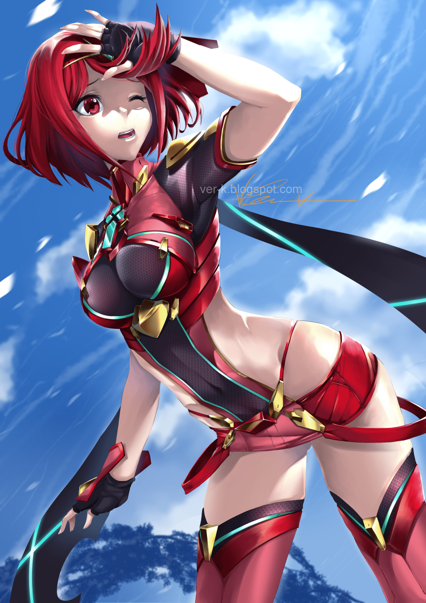 1girl breasts covered_navel earrings fingerless_gloves gloves hair_ornament highres pyra_(xenoblade) indy_k jewelry large_breasts open_mouth redhead short_hair shorts sidelocks sky solo tiara xenoblade xenoblade_2