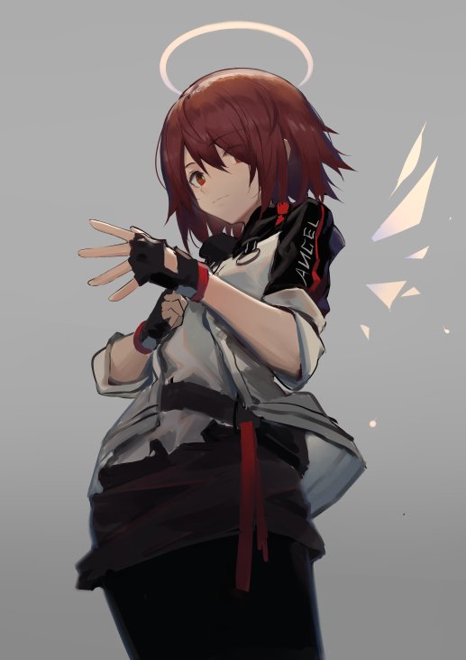 1girl angel brown_hair copyright_request expressionless fingerless_gloves gloves grey_background hair_over_one_eye halo huanxiang_heitu jacket looking_at_viewer red_eyes redhead short_hair
