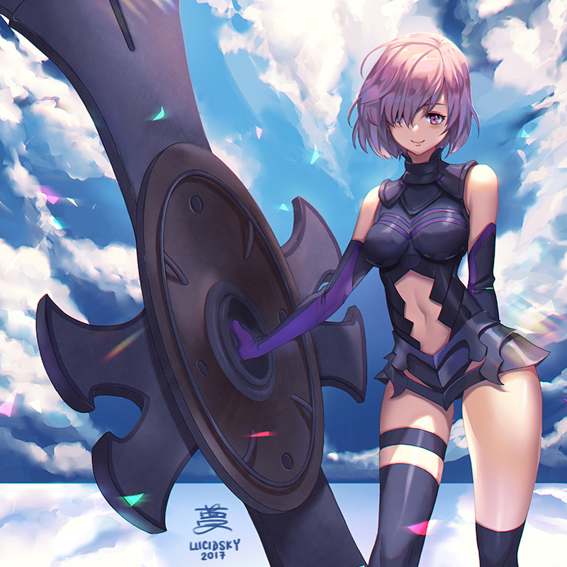 1girl asymmetrical_legwear bare_shoulders clouds elbow_gloves fate/grand_order fate_(series) gloves hair_over_one_eye lavender_hair mash_kyrielight navel_cutout shield signature sky smile solo thigh-highs thigh_strap violet_eyes yume_ou