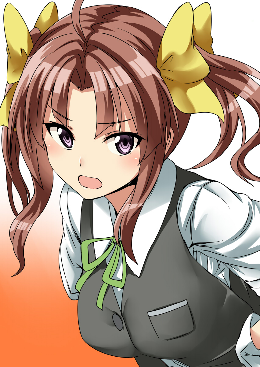1girl ahoge artist_name bangs blush bow breast_pocket breasts brown_hair close-up collared_shirt dated eyebrows_visible_through_hair gloves gradient gradient_background green_ribbon grey_vest hair_bow hand_on_hip highres kagerou_(kantai_collection) kamelie kantai_collection leaning_forward looking_at_viewer medium_breasts multicolored_hair neck_ribbon open_mouth orange_background parted_bangs pocket ribbon school_uniform shirt sidelocks signature simple_background solo tsurime two-tone_hair upper_body vest white_gloves wing_collar yellow_bow