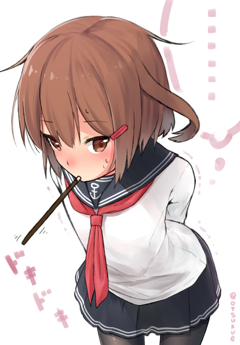 1girl anchor_symbol arms_behind_back bangs black_skirt blush brown_eyes brown_hair cowboy_shot dx_(dekusu) embarrassed eyebrows_visible_through_hair food food_in_mouth from_above hair_ornament hairclip ikazuchi_(kantai_collection) kantai_collection leaning_forward long_sleeves looking_at_viewer looking_up miniskirt mouth_hold neckerchief nose_blush pocky red_neckwear shirt skirt solo standing sweat thought_bubble twitter_username white_background white_shirt