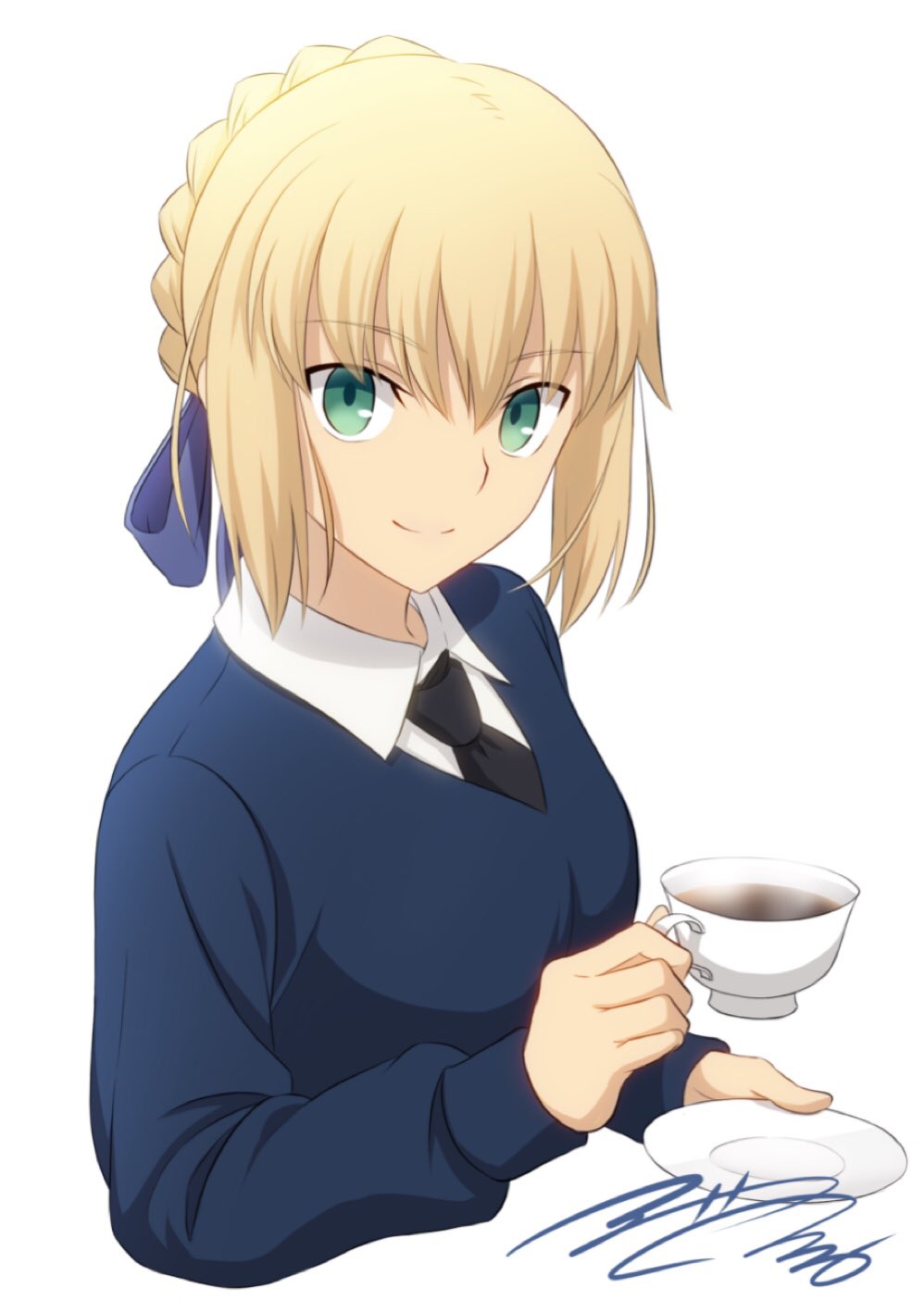 1girl artoria_pendragon_(all) blonde_hair blue_ribbon blue_sweater braid cosplay cup darjeeling darjeeling_(cosplay) dress_shirt fate/stay_night fate_(series) french_braid fumika_asano girls_und_panzer green_eyes hair_ribbon highres long_sleeves looking_at_viewer necktie ribbon saber saucer school_uniform shirt short_hair signature simple_background smile solo st._gloriana's_school_uniform steam sweater tea teacup upper_body v-neck white_background wing_collar