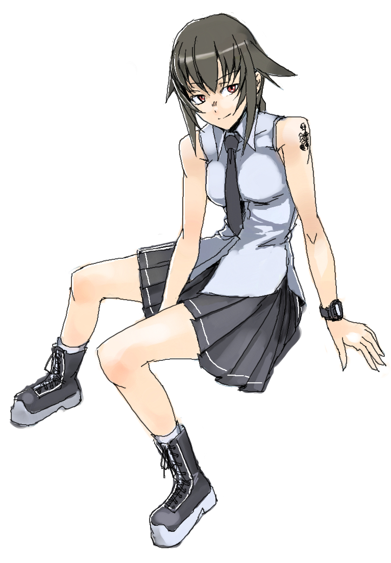 1girl black_hair black_skirt breasts helevu hetza_(hellshock) long_hair medium_breasts necktie original pleated_skirt protected_link red_eyes shoes shoulder_tattoo silver_hair sitting sketch skirt sleeveless sneakers solo tattoo watch watch