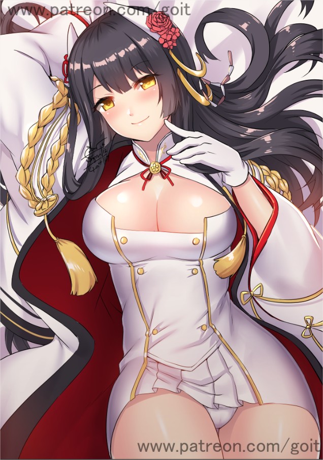 1girl arm_up artist_name azur_lane bangs bed_sheet black_hair blunt_bangs blush breasts cleavage cleavage_cutout closed_mouth cowboy_shot double-breasted dress eyebrows_visible_through_hair flower from_above gloves go-it hair_flower hair_ornament hiei_(azur_lane) horns large_breasts long_sleeves looking_at_viewer looking_up lying miniskirt on_back panties pantyshot pantyshot_(lying) red_rose rose shiny shiny_hair short_dress sidelocks signature skirt smile solo tareme tassel underwear watermark web_address white_gloves white_panties wide_sleeves yellow_eyes