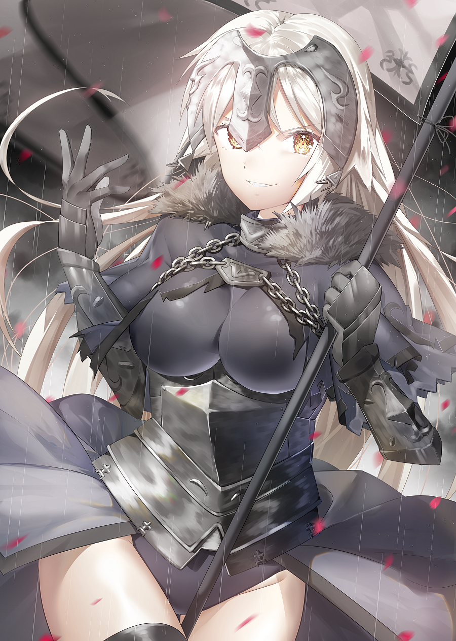 alternate_costume armored_leotard banner black_gloves black_legwear black_leotard breasts breasts_apart fate/grand_order fate_(series) floating_hair gloves groin h_shai highres holding holding_weapon jeanne_d'arc_(alter)_(fate) jeanne_d'arc_(fate)_(all) large_breasts leotard long_hair parted_lips petals rain silver_hair smile standing thigh-highs very_long_hair weapon yellow_eyes