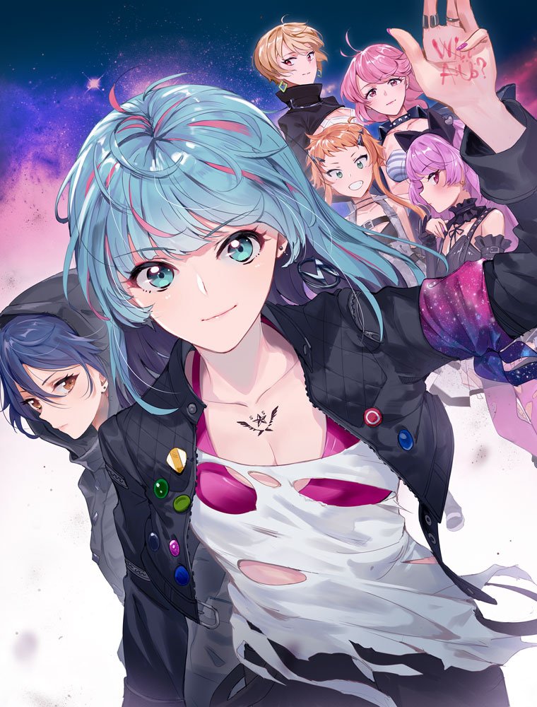 6+girls animal_ears aqua_eyes aqua_hair bare_shoulders blonde_hair blue_eyes blue_hair breasts brown_hair cat_ears chest_tattoo cleavage collarbone earrings ekao elbow_gloves gloves grin hanyuuda_mito high_heels hood hoodie jacket jewelry kotobuki_qruit looking_at_viewer misonoo_mana multicolored_hair multiple_girls nail_polish nanasaki_nicole orange_hair pantyhose pink_hair purple_hair ranguage ring shirt sky smile sports_bra star_(sky) starry_sky tattoo tokyo_7th_sisters torn_clothes torn_pantyhose torn_shirt two-tone_hair wakaouji_rui writing_on_hand yusa_memoru