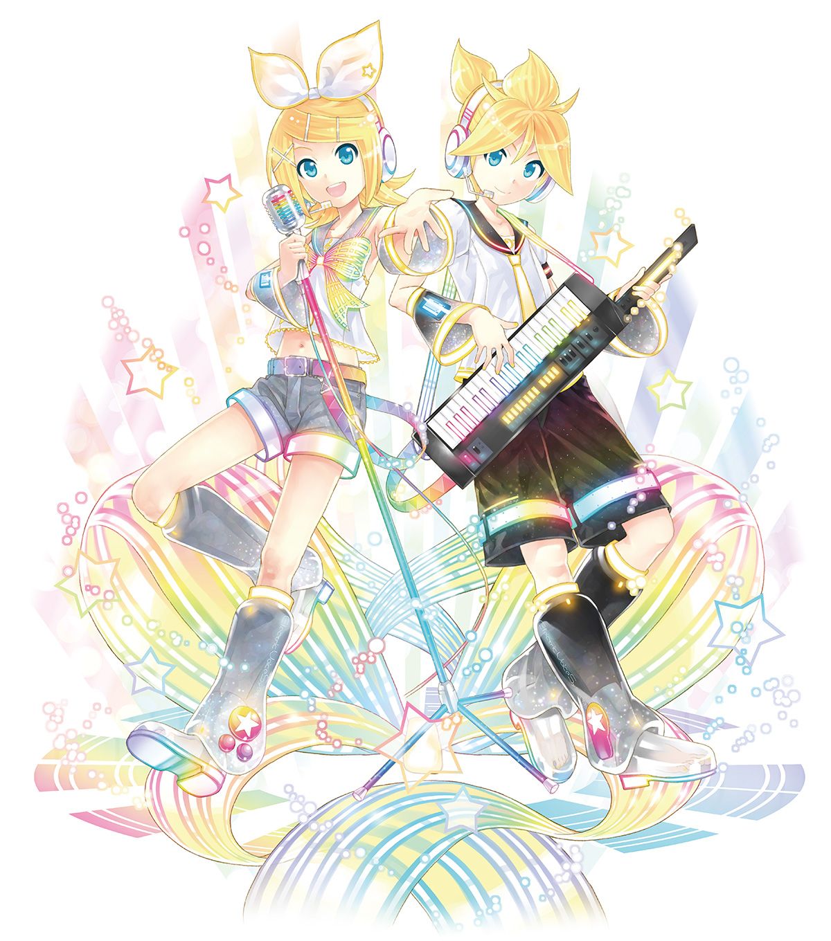 1boy 1girl belt blonde_hair blue_eyes bow detached_sleeves feet full_body hair_bow hair_ornament hairclip headphones headset highres instrument kagamine_len kagamine_rin kei_(keigarou) keytar leg_warmers looking_at_viewer microphone_stand navel necktie official_art outstretched_hand rainbow_gradient ribbon sailor_collar see-through shorts simple_background star toes vocaloid yellow_neckwear