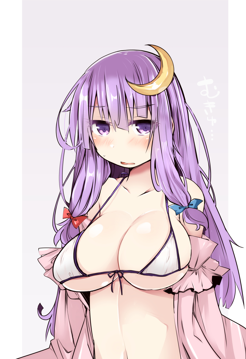 1girl bangs bikini_top blue_bow blunt_bangs blush bow breasts crescent crescent_hair_ornament front-tie_bikini front-tie_top hair_bow hair_ornament highres large_breasts long_hair looking_at_viewer patchouli_knowledge purple_hair red_bow shirogane_(platinum) solo touhou upper_body very_long_hair violet_eyes white_bikini_top