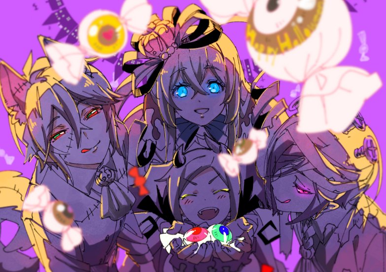 4boys animal_costume blue_eyes candy closed_eyes crown eyebrows_visible_through_hair food glowing glowing_eyes halloween_costume horns houchou_toushirou licking_lips male_focus midare_toushirou mini_crown multiple_boys outstretched_hand shinano_toushirou shuri_(84k) tongue tongue_out touken_ranbu violet_eyes wolf_costume yagen_toushirou