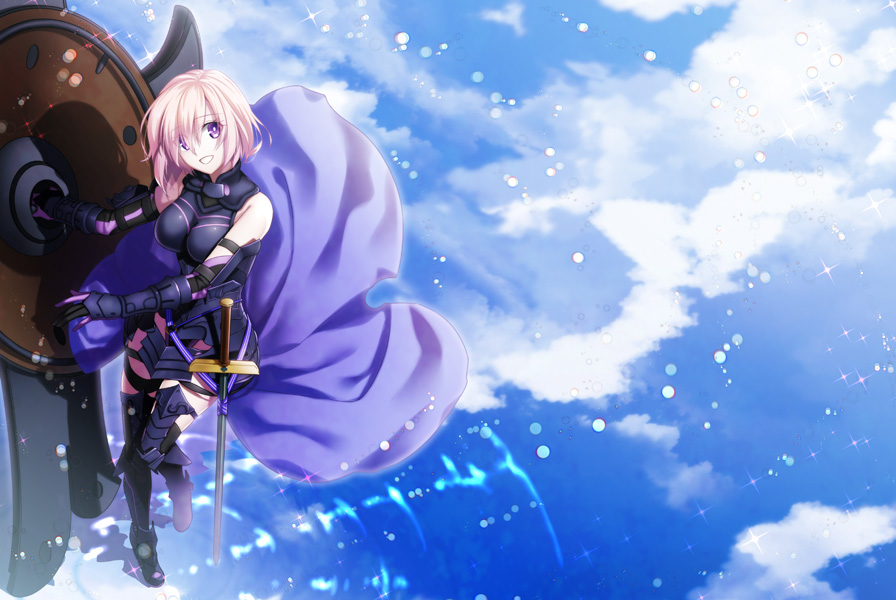 1girl :d armor armored_boots black_footwear bodysuit boots breasts breasts_apart eyebrows_visible_through_hair fate/grand_order fate_(series) from_above full_body hair_between_eyes holding holding_sword holding_weapon large_breasts looking_at_viewer mash_kyrielight nina_(pastime) open_mouth pink_hair reflective_floor short_hair smile solo standing sword thigh-highs thigh_boots violet_eyes weapon