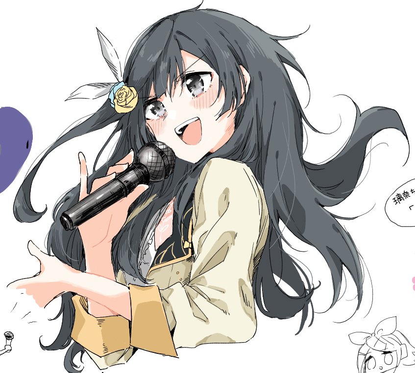 1girl afterschool_school_idol_(love_live!) bangs black_hair blazer blush feather_hair_ornament feathers flower grey_eyes hair_flower hair_ornament holding holding_microphone jacket long_hair love_live! love_live!_nijigasaki_high_school_idol_club messy_hair microphone music one_side_up scanning sidelocks singing solo upper_body yuuki_setsuna_(love_live!)