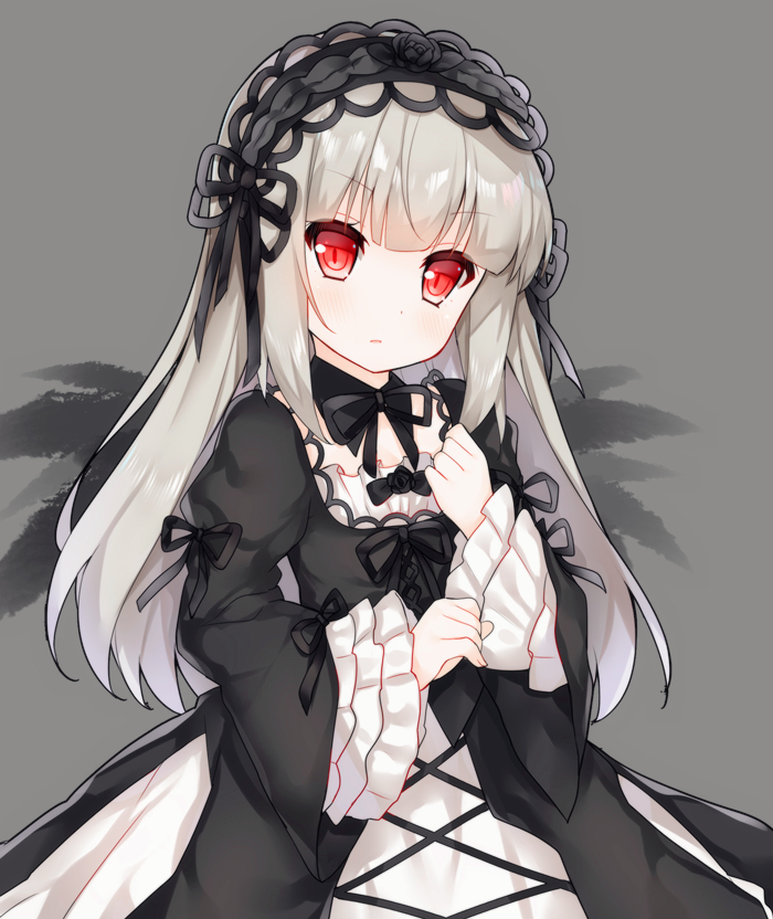 1girl bangs black_dress black_neckwear black_ribbon black_wings blunt_bangs blush closed_mouth detached_collar dress expressionless eyebrows_visible_through_hair eyelashes frilled_sleeves frills grey_background hairband hand_on_own_chest layered_sleeves lolita_fashion lolita_hairband long_hair long_sleeves neck_ribbon red_eyes ribbon rozen_maiden sidelocks silver_hair simple_background solo suigintou tengxiang_lingnai upper_body wings