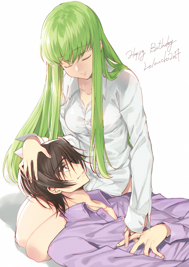 1boy 1girl bangs brown_hair c.c. character_name closed_eyes closed_mouth code_geass collared_shirt creayus dated english eyebrows_visible_through_hair facing_viewer fingernails grey_hair happy_birthday lap_pillow lelouch_lamperouge long_hair long_sleeves lying on_back purple_shirt shirt simple_background sitting smile violet_eyes white_background white_shirt wing_collar