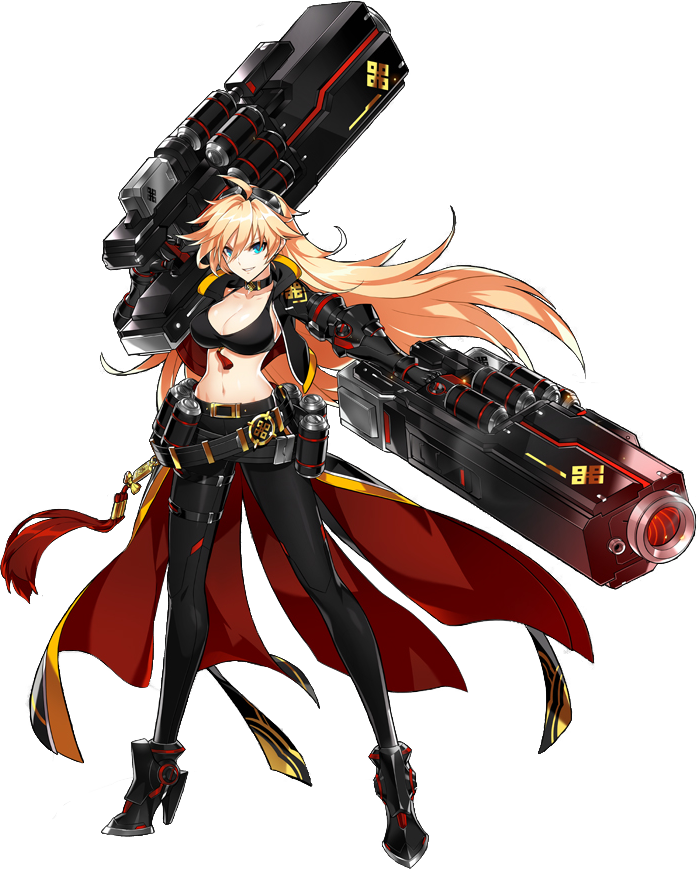 1girl artist_request belt black_bra black_footwear black_gloves black_jacket black_pants blonde_hair blue_eyes bra choker cropped_jacket dual_wielding elsword full_body gloves goggles goggles_on_head gun holding holding_gun holding_weapon jacket long_hair looking_at_viewer official_art pants rose_(elsword) shoes skin_tight smile solo standing tempest_burster_(elsword) transparent_background underwear weapon