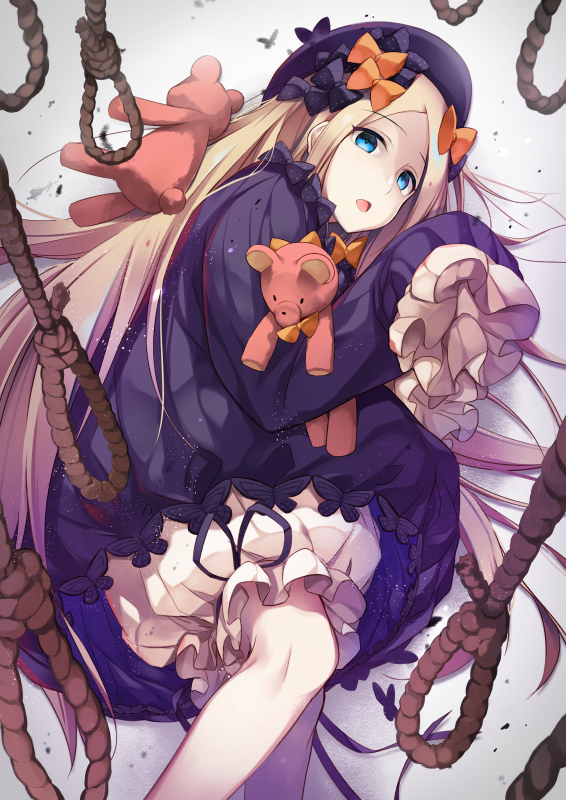 1girl abigail_williams_(fate/grand_order) bangs black_bow black_dress black_hat blonde_hair bloomers blue_eyes bow butterfly commentary_request dress eyebrows_visible_through_hair fate/grand_order fate_(series) hair_bow hands_in_sleeves hat hirai_yuzuki long_sleeves looking_at_viewer lying noose object_hug on_side open_mouth orange_bow parted_bangs polka_dot polka_dot_bow rope solo stuffed_animal stuffed_toy teddy_bear underwear white_bloomers