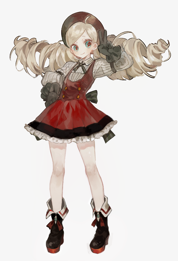 1girl ahoge black_footwear black_gloves blonde_hair boots closed_mouth collared_shirt dress drill_hair full_body gloves green_eyes grey_background hand_up hat long_hair long_sleeves lunch_(lunchicken) no_legwear no_socks original revision ribbon shirt simple_background smile solo standing twin_drills v wing_collar