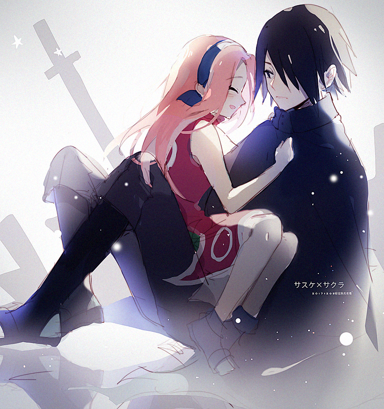 1boy 1girl black_hair blush cloak closed_eyes haruno_sakura naruto pink_hair sitting sitting_on_lap sitting_on_person smile sword time_paradox uchiha_sasuke uri_(513321347) weapon