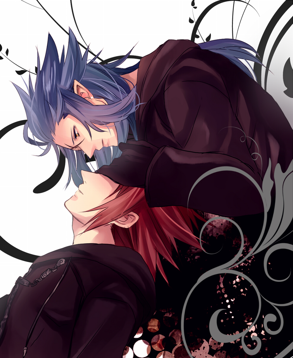 2boys axel_(kingdom_hearts) black_coat black_coat_(kingdom_hearts) black_gloves blue_hair coat commentary_request covered_eyes covering_another's_eyes cross_scar earrings furrowed_brow gloves hand_on_another's_face highres jewelry kingdom_hearts kingdom_hearts_358/2_days kingdom_hearts_ii leaf leaning leaning_back leaning_forward long_coat long_hair looking_at_another looking_down male_focus medium_hair minatoya_mozuku multiple_boys organization_xiii parted_lips pointy_ears redhead sad saix scar scar_on_face sidelocks spiky_hair stud_earrings yellow_eyes