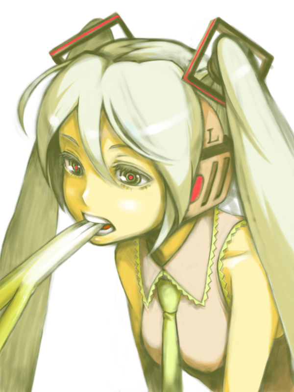 1girl bare_shoulders collared_shirt green_hair grey_neckwear grey_shirt hair_between_eyes hatsune_miku headphones long_hair looking_at_viewer mouth_hold necktie nonco open_mouth red_pupils shirt simple_background sleeveless sleeveless_shirt solo spring_onion twintails upper_body vocaloid white_background wing_collar